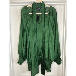 NEW Ashley Stewart Green Satin Stripe Scarf Neck Smocked Blouse Plus 22/24W